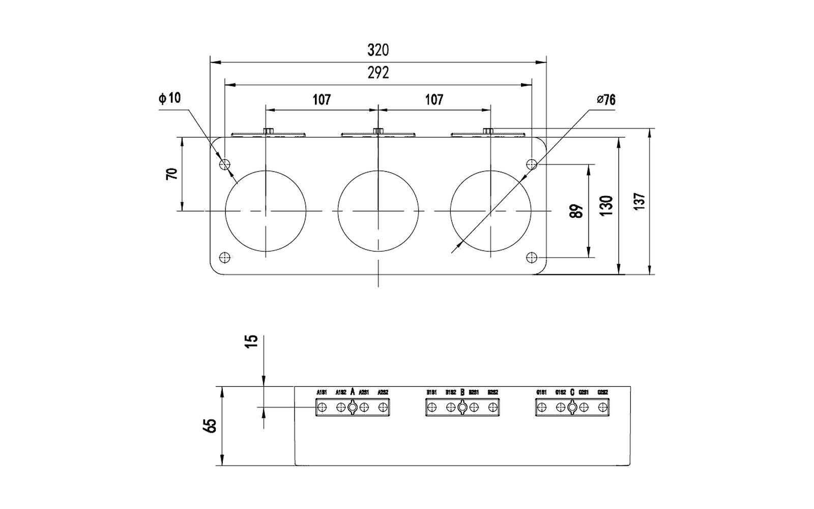LSY-107-75-65 indoor current transformer overall dimension drawing with mounting and interface dimensions