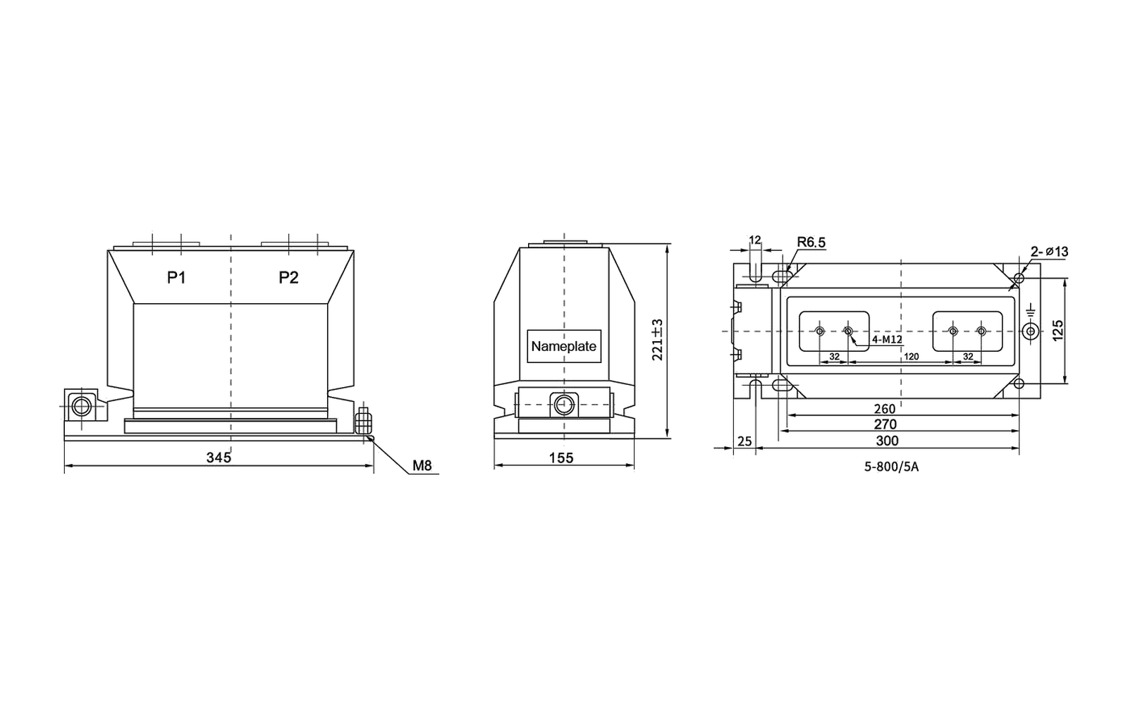 LZZBJ9-10A1 indoor current transformer overall dimension drawing with mounting and interface dimensions