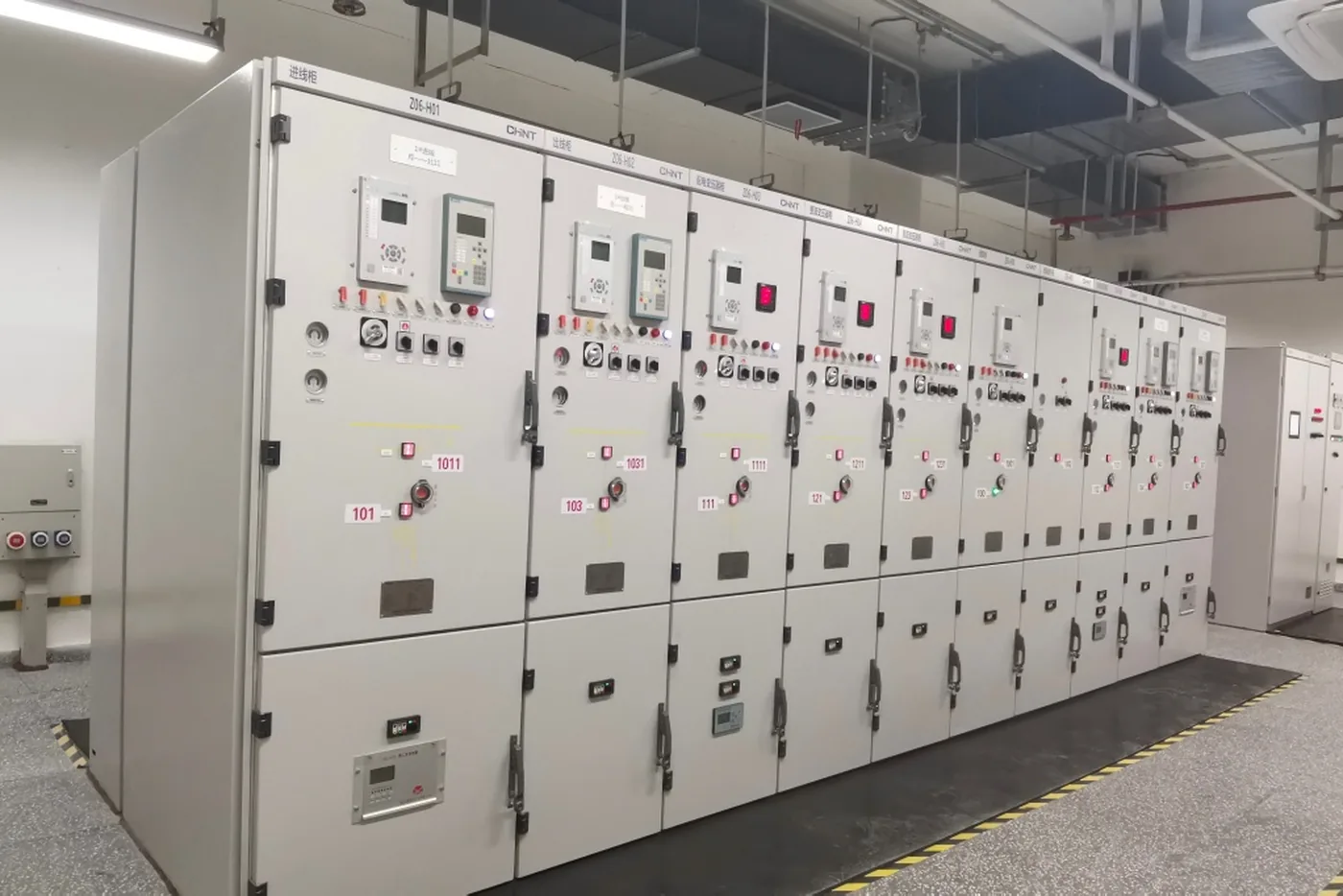Indoor medium-voltage switchgear lineup in a substation room