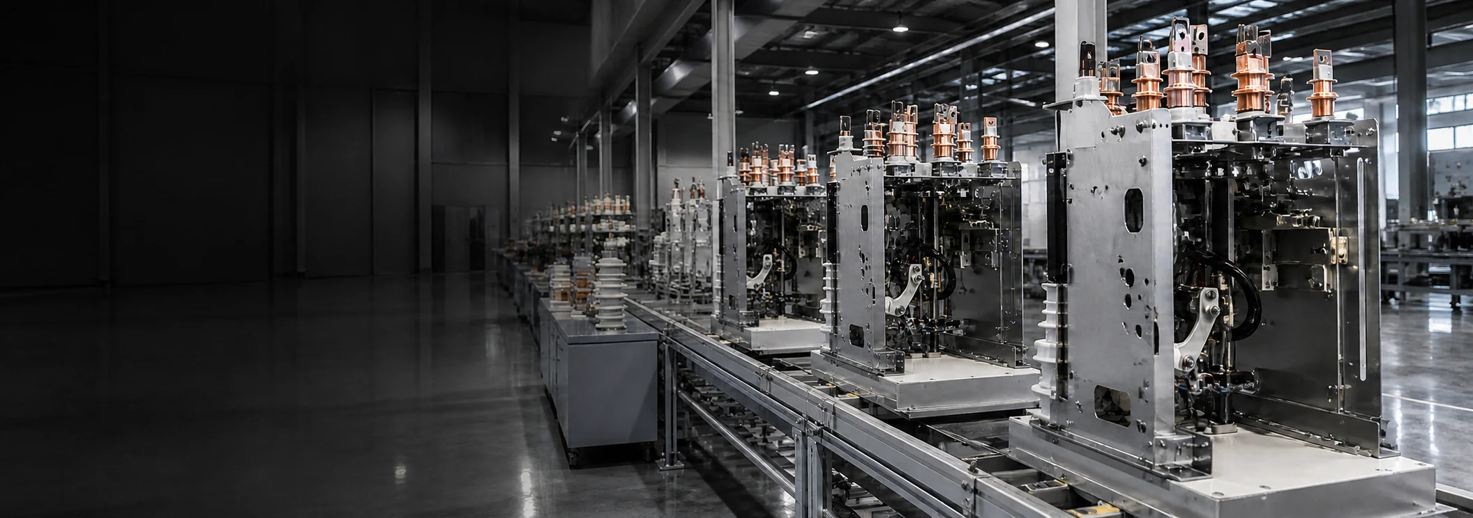 Medium-voltage switchgear components arranged on a neutral-lit assembly line