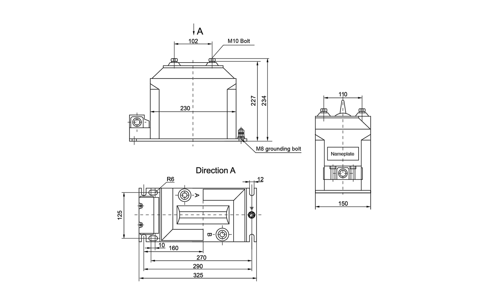 JDZ10-10 indoor voltage transformer overall dimension drawing with mounting and interface dimensions