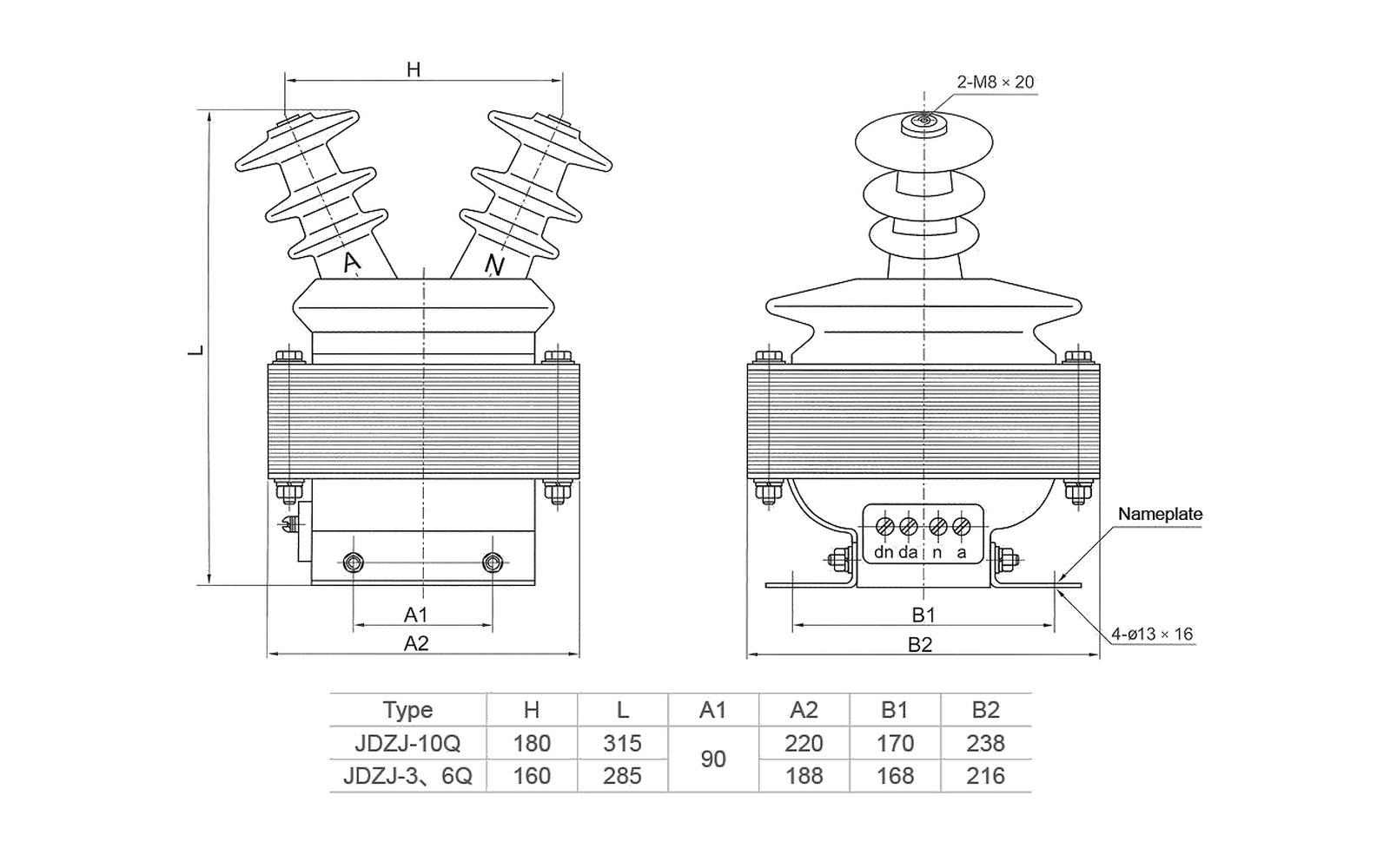JDZ(J)-10Q indoor voltage transformer overall dimension drawing with mounting and interface dimensions