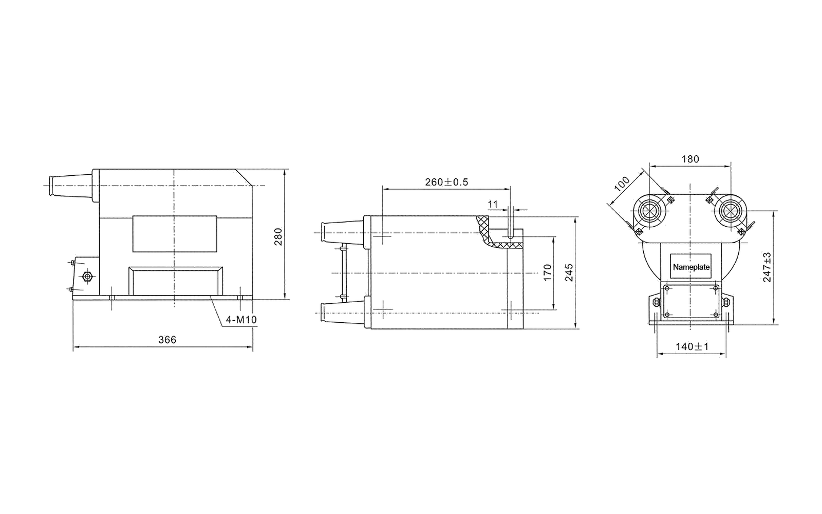 JDZX10-10R and JDZ16-10R indoor voltage transformer overall dimension drawing with mounting and interface dimensions