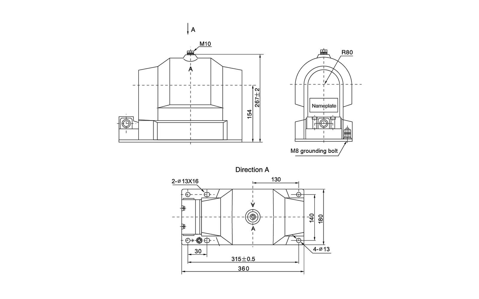 JDZX9-10Q indoor voltage transformer overall dimension drawing with mounting and interface dimensions