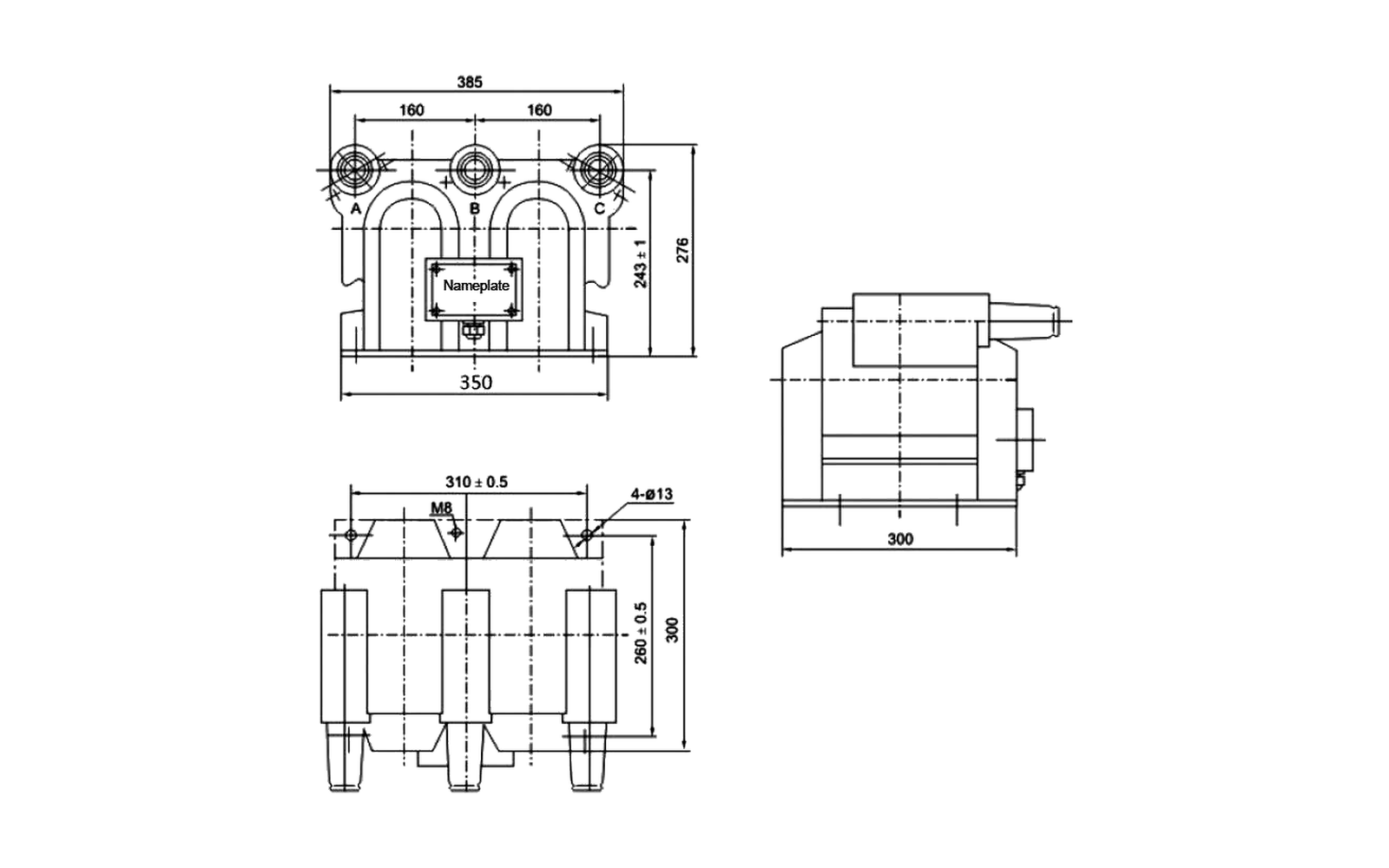 JSZV12A-10R indoor voltage transformer overall dimension drawing with mounting and interface dimensions
