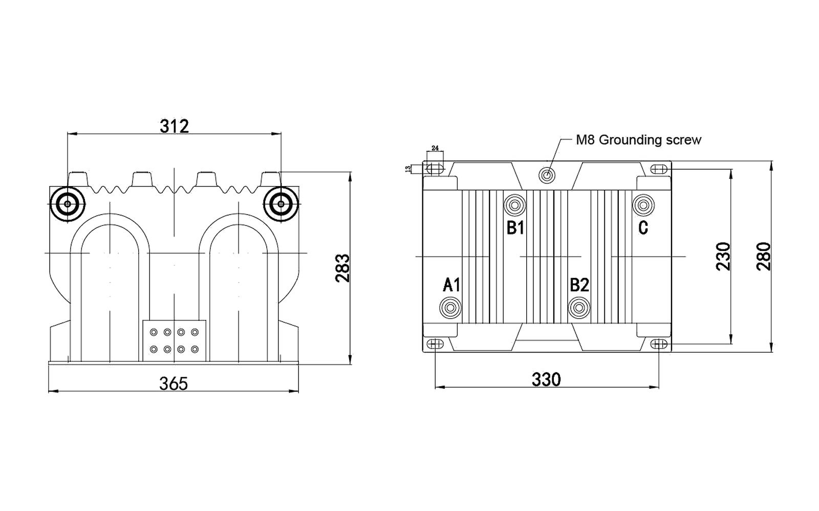 JSZVR-10W indoor voltage transformer overall dimension drawing with mounting and interface dimensions