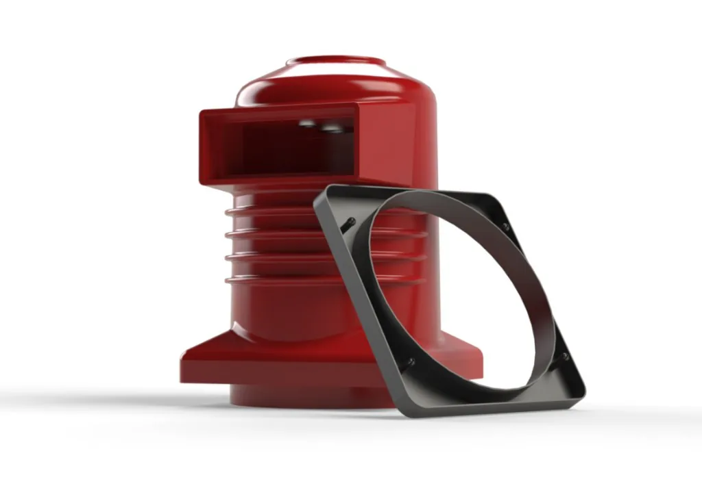 Red epoxy wall bushing with mounting frame for medium-voltage switchgear